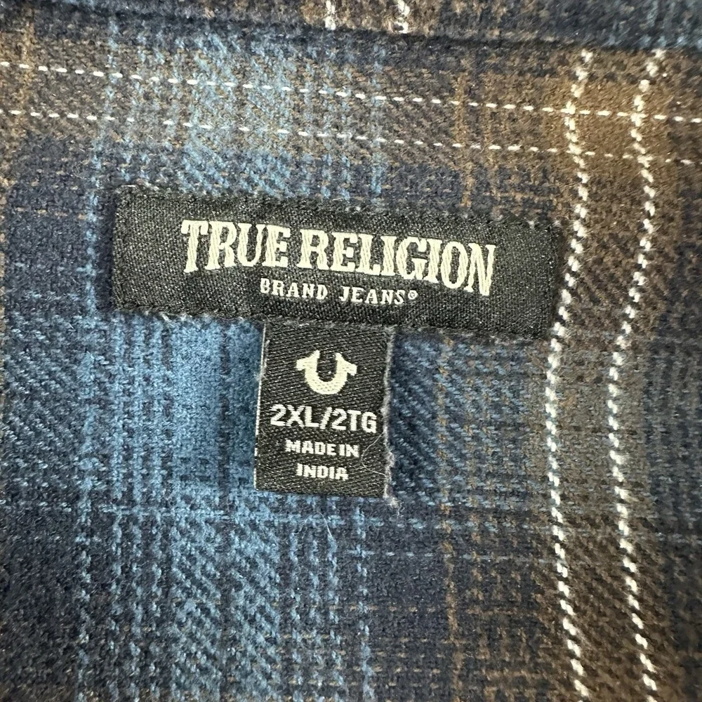 True Religion Shirt Mens 2x Blue Logo Workwear‎ Woven Plaid Flannel Utility